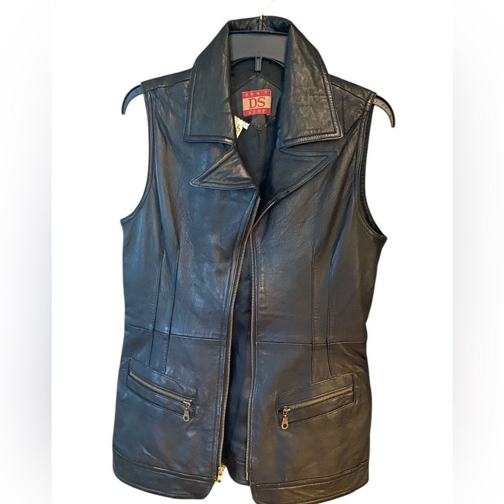 DS Sz L Black Vintage 100% Leather Motorcycle Zip Front Pocket Vest